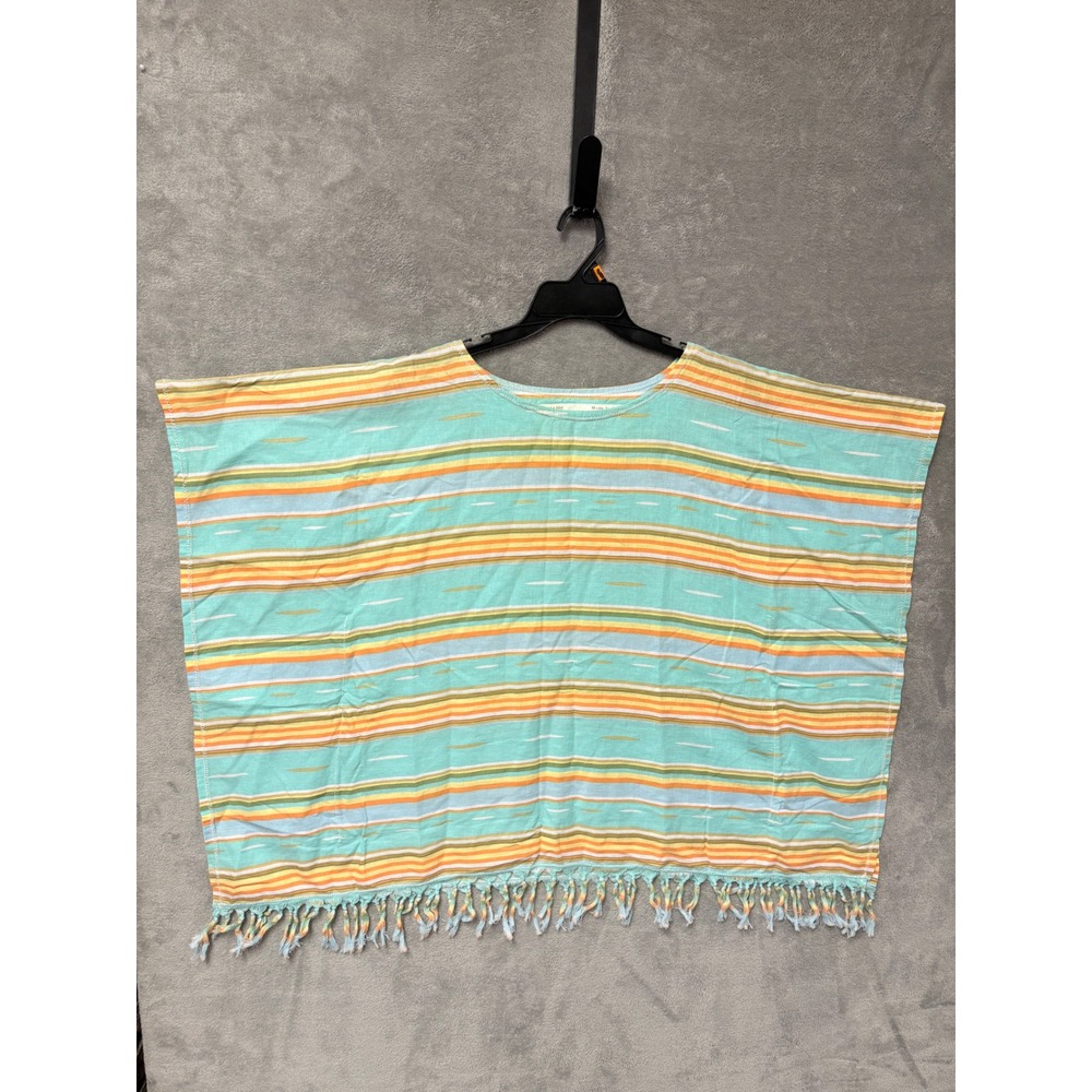 RYAN MICHAEL Linen Viscose Striped Poncho Top Fringe Shirt Womens S/M